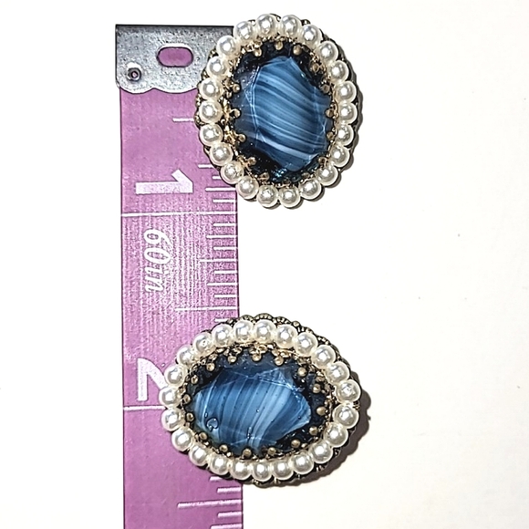 WEST GERMANY BLUE PORPHYRY GLASS CLIP-ON EARRINGS - VINTAGE SIGNED - Picture 6 of 7